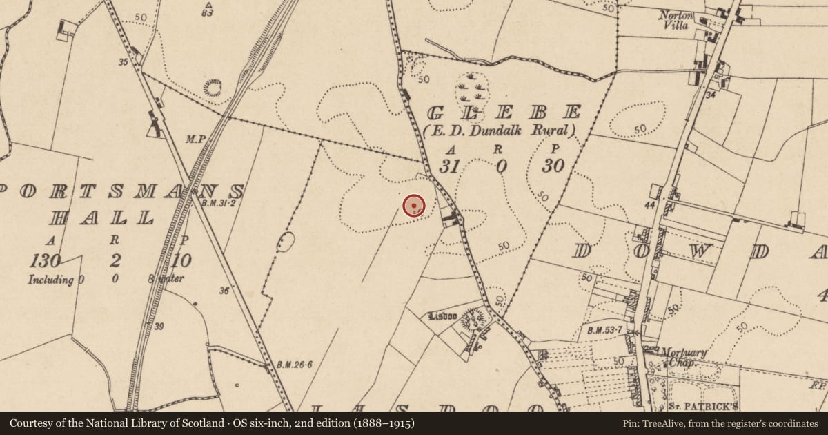 Ordnance Survey six-inch map, 2nd edition (1888–1915) covering the location of Ringfort - rath, Lisdoo, County Louth, with a pin at the register's coordinates