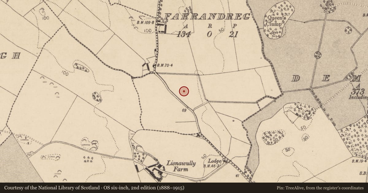 Ordnance Survey six-inch map, 2nd edition (1888–1915) covering the location of Standing stone, Farrandreg, County Louth, with a pin at the register's coordinates