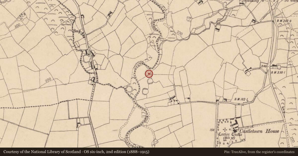 Ordnance Survey six-inch map, 2nd edition (1888–1915) covering the location of Cliff-edge fort, Castletowncooley, County Louth, with a pin at the register's coordinates