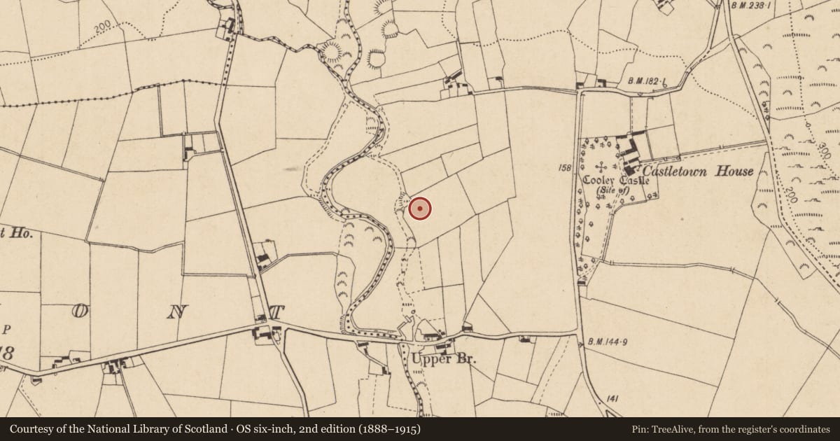 Ordnance Survey six-inch map, 2nd edition (1888–1915) covering the location of Earthwork, Castletowncooley, County Louth, with a pin at the register's coordinates