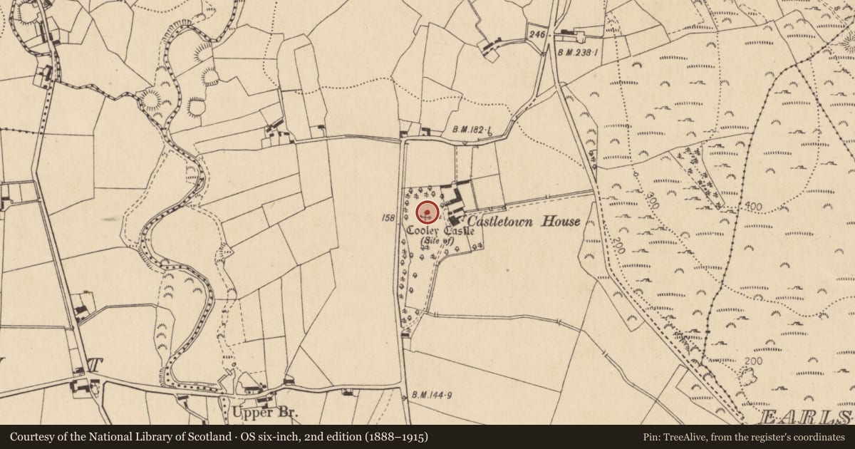 Ordnance Survey six-inch map, 2nd edition (1888–1915) covering the location of Castle - tower house, Castletowncooley, County Louth, with a pin at the register's coordinates