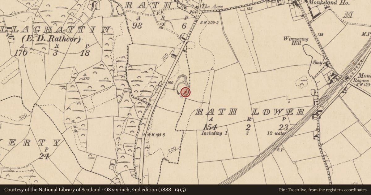 Ordnance Survey six-inch map, 2nd edition (1888–1915) covering the location of Ringfort - rath, Rath (Dundlak Lwr by, County Louth, with a pin at the register's coordinates