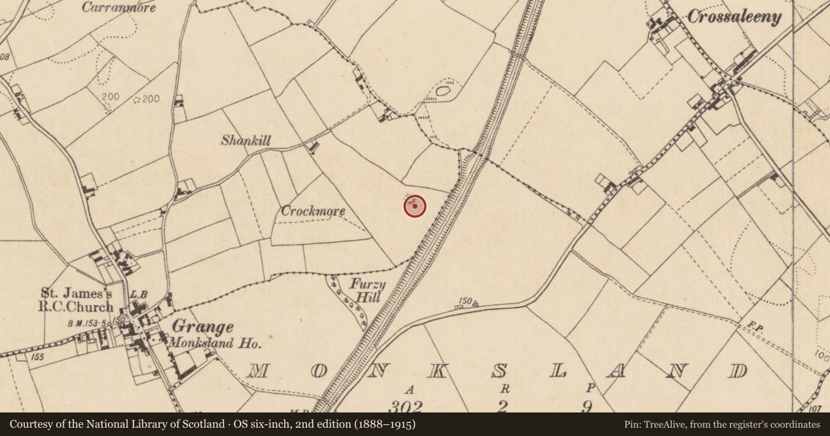 Ordnance Survey six-inch map, 2nd edition (1888–1915) covering the location of Earthwork, Grange Irish, County Louth, with a pin at the register's coordinates