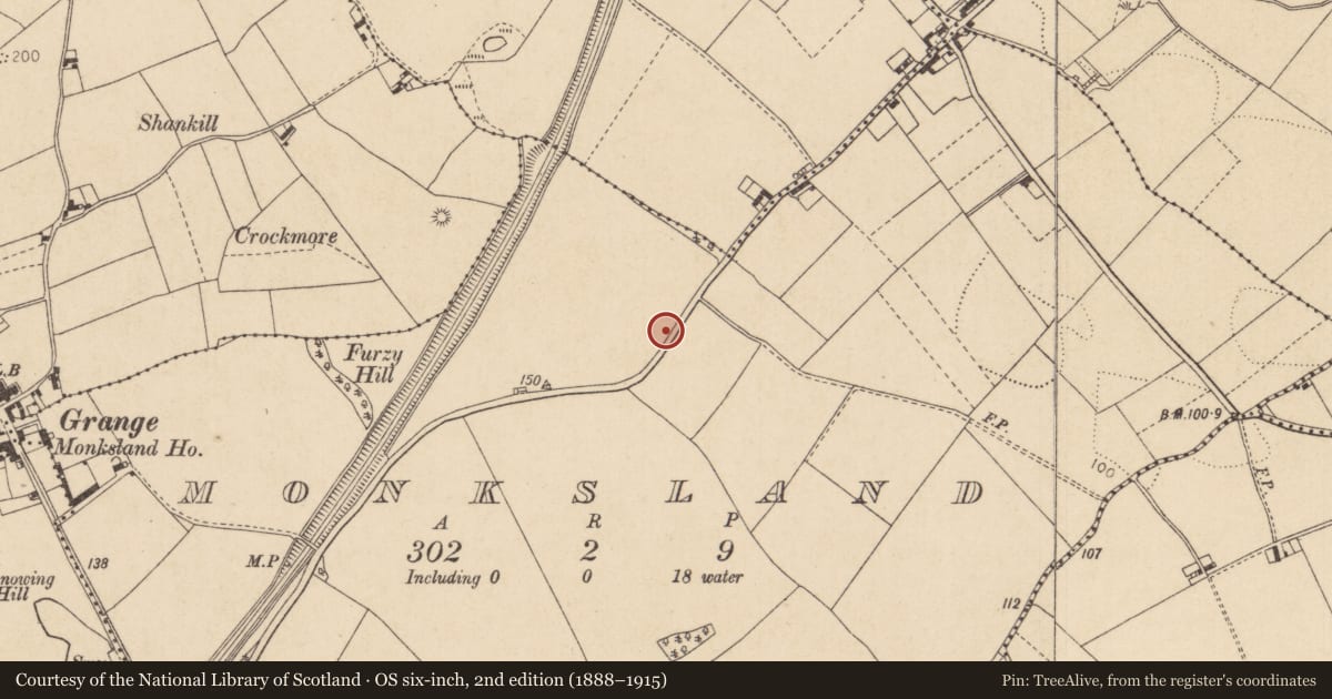 Ordnance Survey six-inch map, 2nd edition (1888–1915) covering the location of Ring-ditch, Monksland, County Louth, with a pin at the register's coordinates