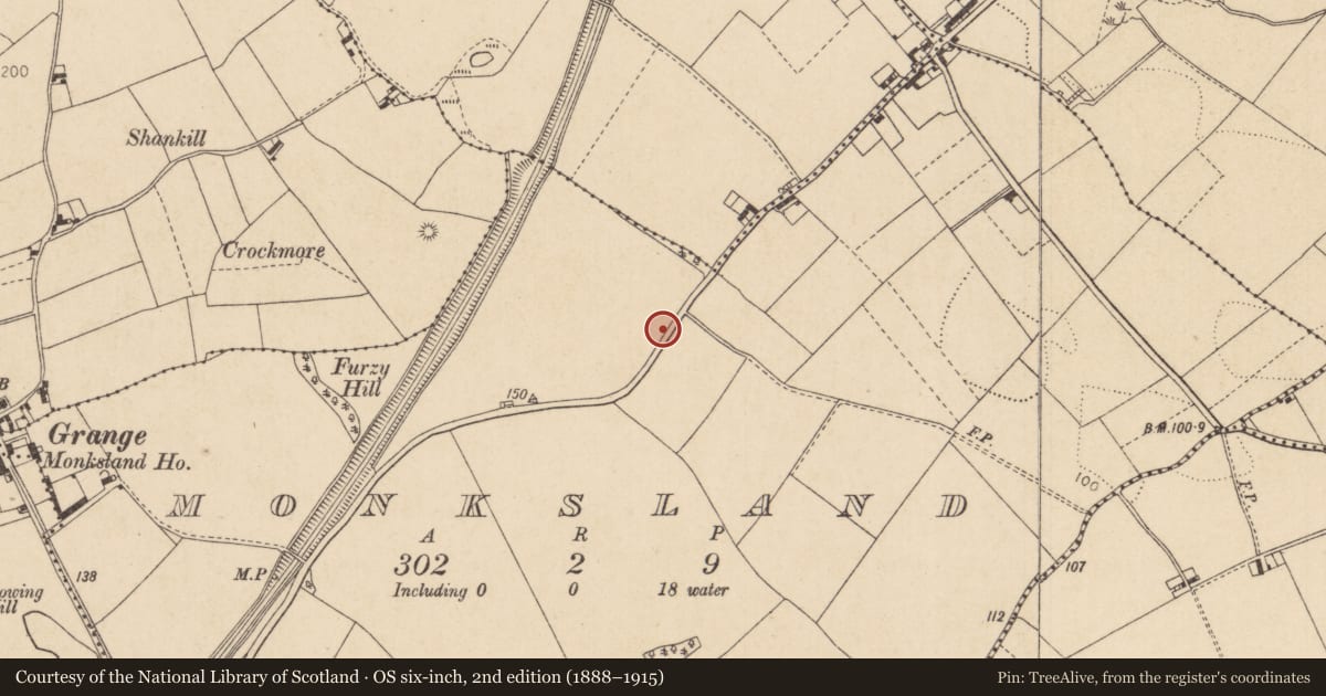 Ordnance Survey six-inch map, 2nd edition (1888–1915) covering the location of Ring-ditch, Monksland, County Louth, with a pin at the register's coordinates