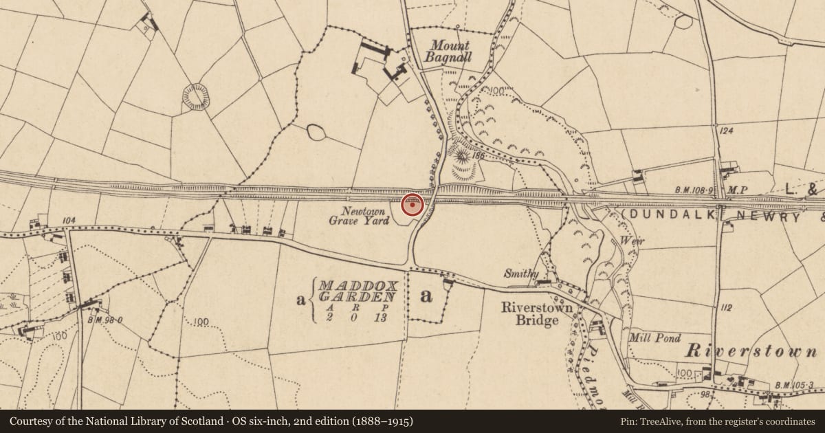Ordnance Survey six-inch map, 2nd edition (1888–1915) covering the location of Church, Mountbagnall, County Louth, with a pin at the register's coordinates