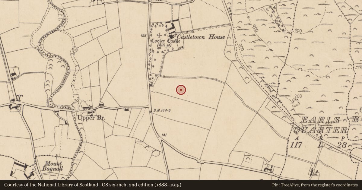 Ordnance Survey six-inch map, 2nd edition (1888–1915) covering the location of Enclosure, Castletowncooley, County Louth, with a pin at the register's coordinates