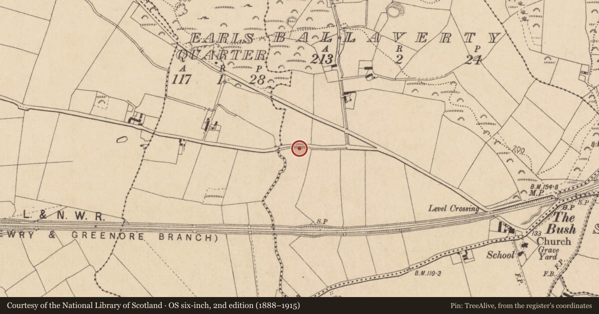 Ordnance Survey six-inch map, 2nd edition (1888–1915) covering the location of Enclosure, Ballaverty, County Louth, with a pin at the register's coordinates