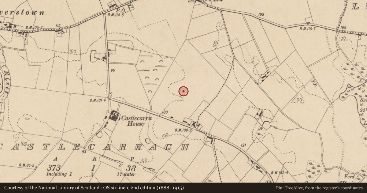 Ordnance Survey six-inch map, 2nd edition (1888–1915) covering the location of Enclosure, Castlecarragh, County Louth, with a pin at the register's coordinates