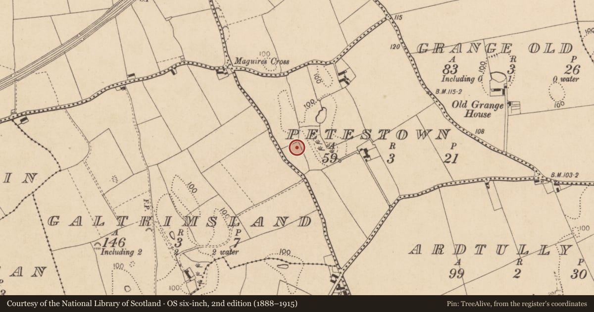 Ordnance Survey six-inch map, 2nd edition (1888–1915) covering the location of Earthwork, Petestown, County Louth, with a pin at the register's coordinates