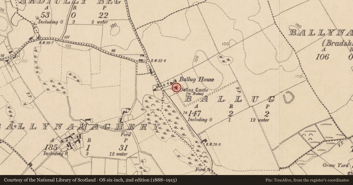 Ordnance Survey six-inch map, 2nd edition (1888–1915) covering the location of Castle - tower house, Ballug, County Louth, with a pin at the register's coordinates