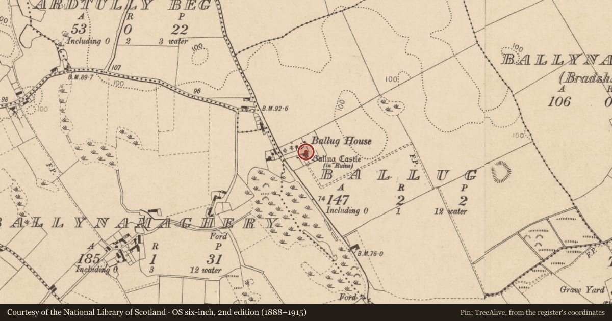 Ordnance Survey six-inch map, 2nd edition (1888–1915) covering the location of House - indeterminate date, Ballug, County Louth, with a pin at the register's coordinates