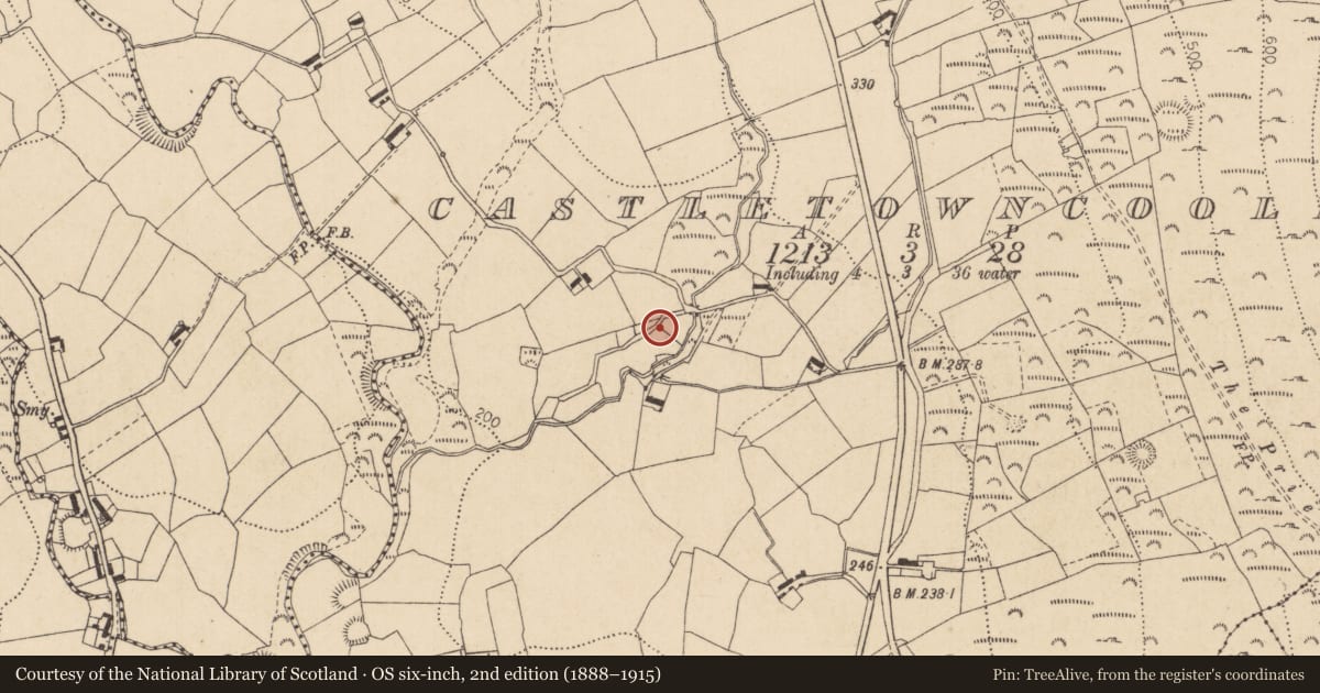 Ordnance Survey six-inch map, 2nd edition (1888–1915) covering the location of Sweathouse, Castletowncooley, County Louth, with a pin at the register's coordinates