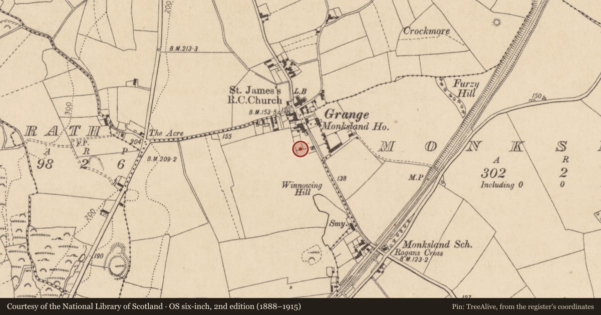 Ordnance Survey six-inch map, 2nd edition (1888–1915) covering the location of Church, Rath Lower, County Louth, with a pin at the register's coordinates