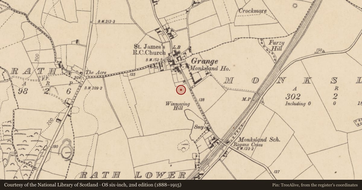 Ordnance Survey six-inch map, 2nd edition (1888–1915) covering the location of Mound, Rath Lower, County Louth, with a pin at the register's coordinates