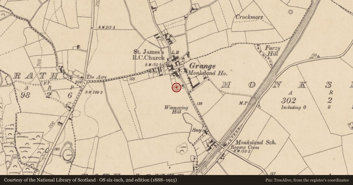 Ordnance Survey six-inch map, 2nd edition (1888–1915) covering the location of Building, Rath Lower, County Louth, with a pin at the register's coordinates