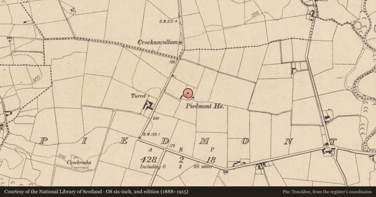 Ordnance Survey six-inch map, 2nd edition (1888–1915) covering the location of Bawn, Piedmont, County Louth, with a pin at the register's coordinates