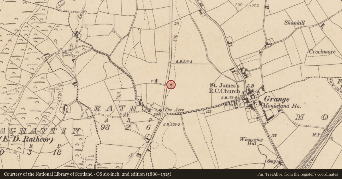 Ordnance Survey six-inch map, 2nd edition (1888–1915) covering the location of Souterrain, Grange Irish, County Louth, with a pin at the register's coordinates