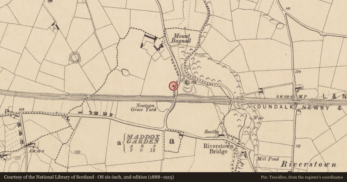 Ordnance Survey six-inch map, 2nd edition (1888–1915) covering the location of Pit-burial, Mountbagnall, County Louth, with a pin at the register's coordinates