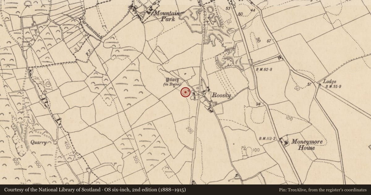 Ordnance Survey six-inch map, 2nd edition (1888–1915) covering the location of Fulacht fia, Liberties of Carlingford, County Louth, with a pin at the register's coordinates