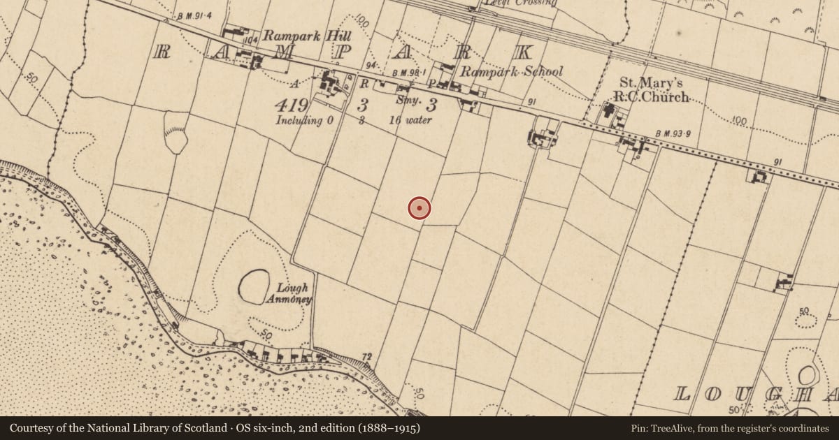 Ordnance Survey six-inch map, 2nd edition (1888–1915) covering the location of Burial ground, Rampark, County Louth, with a pin at the register's coordinates