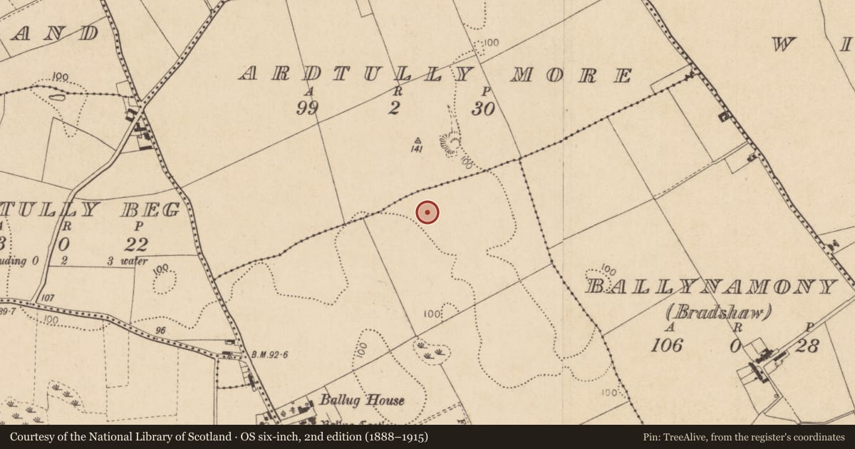 Ordnance Survey six-inch map, 2nd edition (1888–1915) covering the location of Enclosure, Ballug, County Louth, with a pin at the register's coordinates