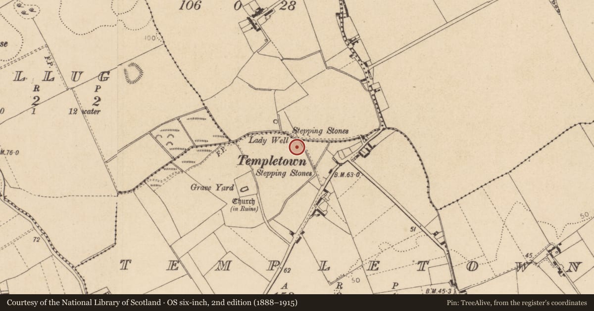 Ordnance Survey six-inch map, 2nd edition (1888–1915) covering the location of Ritual site - holy well, Templetown, County Louth, with a pin at the register's coordinates