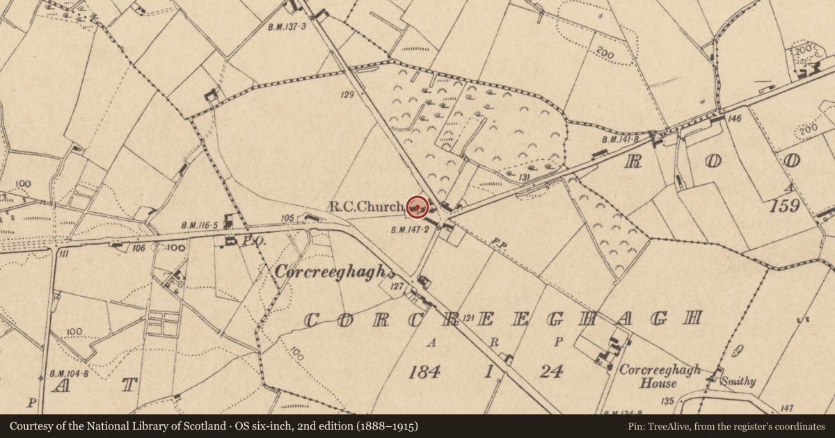 Ordnance Survey six-inch map, 2nd edition (1888–1915) covering the location of Church, Corcreeghagh, County Louth, with a pin at the register's coordinates
