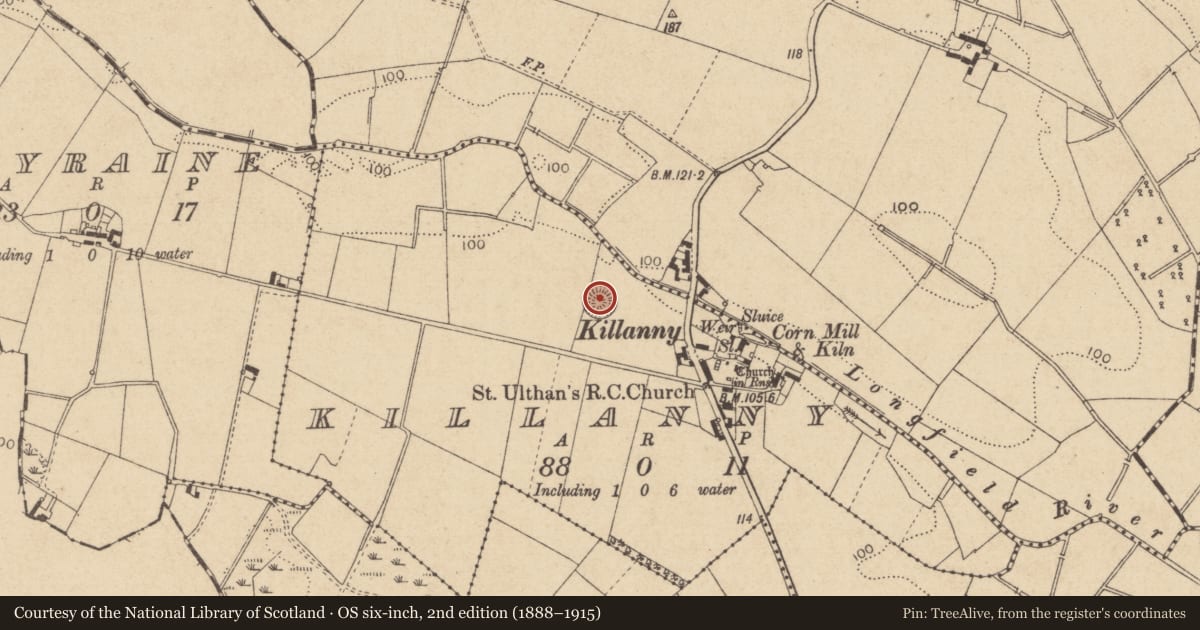 Ordnance Survey six-inch map, 2nd edition (1888–1915) covering the location of Building, Killanny, County Louth, with a pin at the register's coordinates