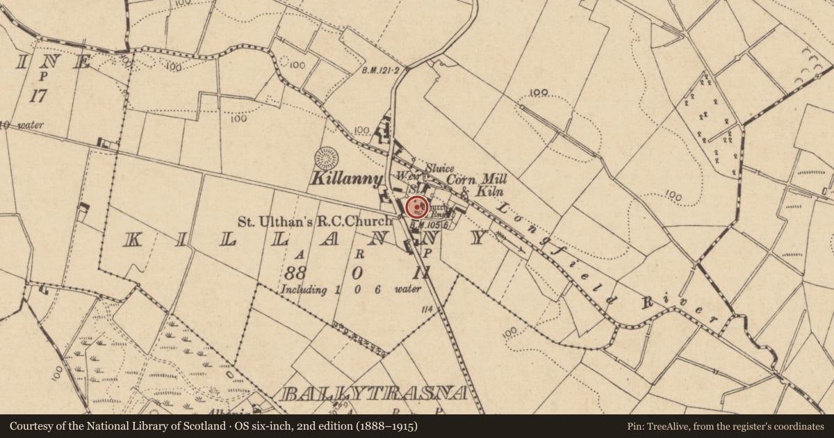 Ordnance Survey six-inch map, 2nd edition (1888–1915) covering the location of Graveyard, Killanny, County Louth, with a pin at the register's coordinates