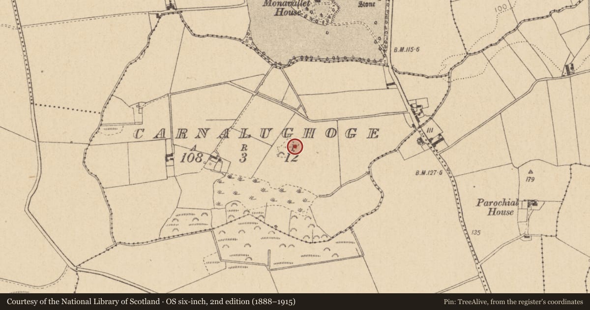 Ordnance Survey six-inch map, 2nd edition (1888–1915) covering the location of Souterrain, Carnalughoge, County Louth, with a pin at the register's coordinates