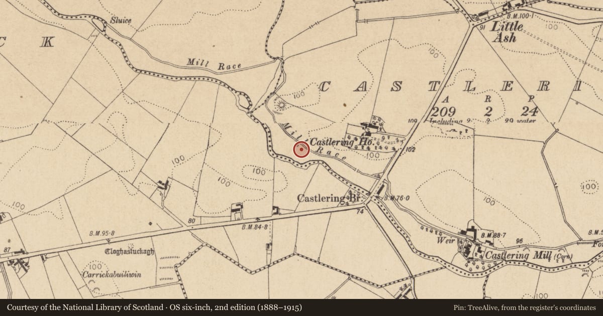 Ordnance Survey six-inch map, 2nd edition (1888–1915) covering the location of Standing stone, Castlering, County Louth, with a pin at the register's coordinates