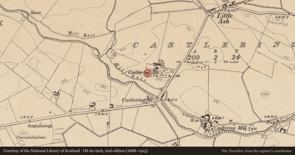 Ordnance Survey six-inch map, 2nd edition (1888–1915) covering the location of Church, Castlering, County Louth, with a pin at the register's coordinates