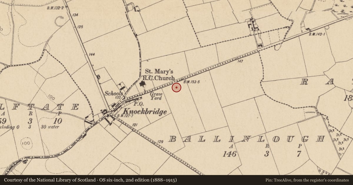 Ordnance Survey six-inch map, 2nd edition (1888–1915) covering the location of Ring-ditch, Ballinlough, County Louth, with a pin at the register's coordinates