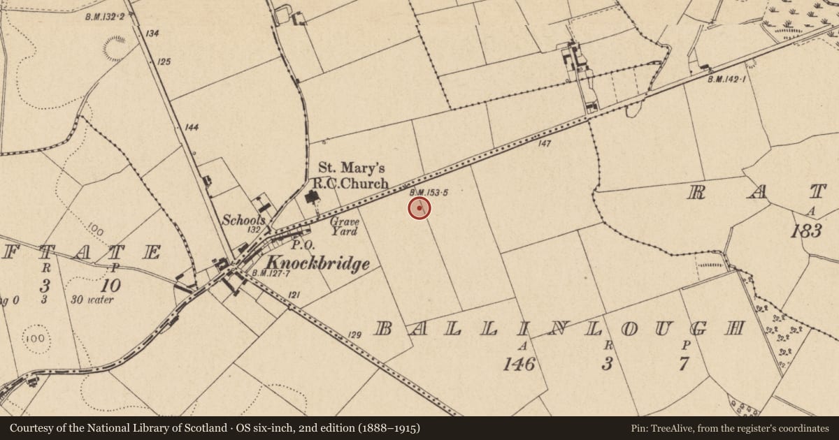 Ordnance Survey six-inch map, 2nd edition (1888–1915) covering the location of Enclosure, Ballinlough, County Louth, with a pin at the register's coordinates