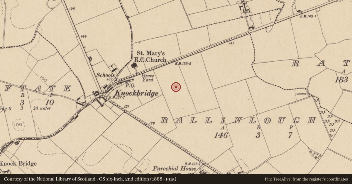Ordnance Survey six-inch map, 2nd edition (1888–1915) covering the location of Ring-ditch, Ballinlough, County Louth, with a pin at the register's coordinates