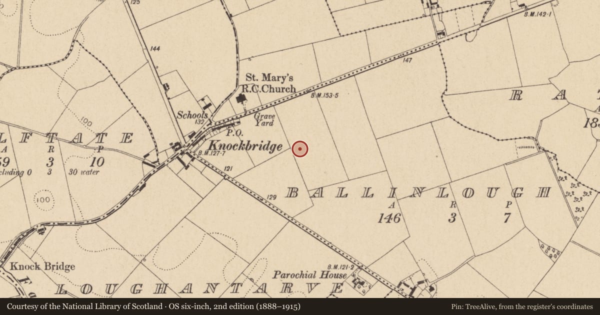 Ordnance Survey six-inch map, 2nd edition (1888–1915) covering the location of Ring-ditch, Ballinlough, County Louth, with a pin at the register's coordinates