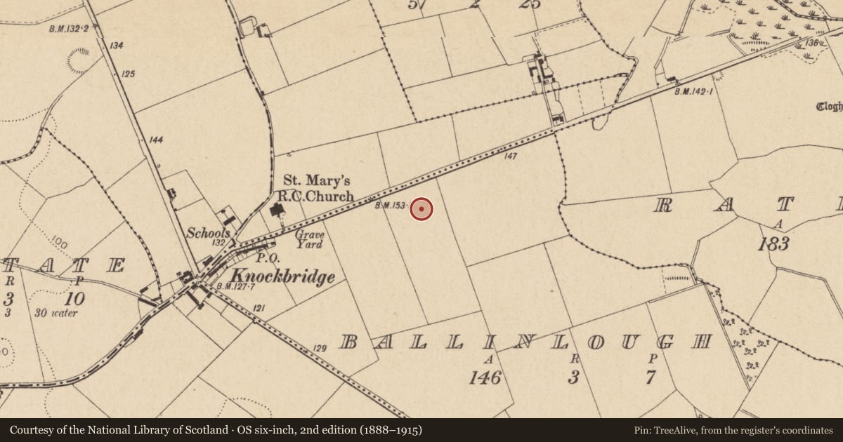 Ordnance Survey six-inch map, 2nd edition (1888–1915) covering the location of Ring-ditch, Ballinlough, County Louth, with a pin at the register's coordinates