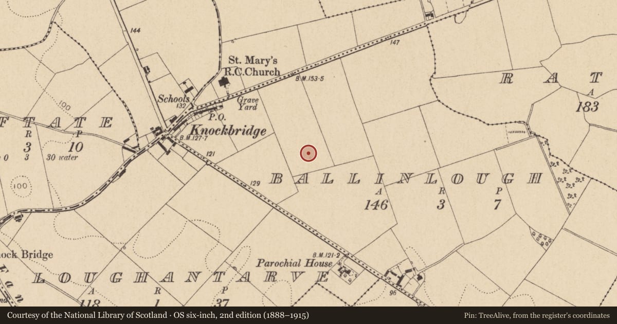 Ordnance Survey six-inch map, 2nd edition (1888–1915) covering the location of Ring-ditch, Ballinlough, County Louth, with a pin at the register's coordinates