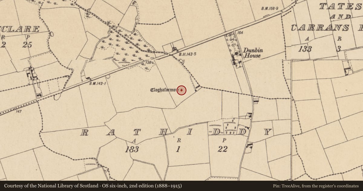 Ordnance Survey six-inch map, 2nd edition (1888–1915) covering the location of Standing stone, Rathiddy, County Louth, with a pin at the register's coordinates