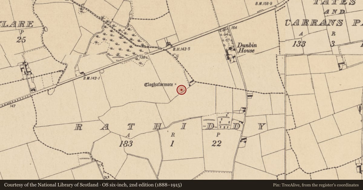 Ordnance Survey six-inch map, 2nd edition (1888–1915) covering the location of Stone circle, Rathiddy, County Louth, with a pin at the register's coordinates