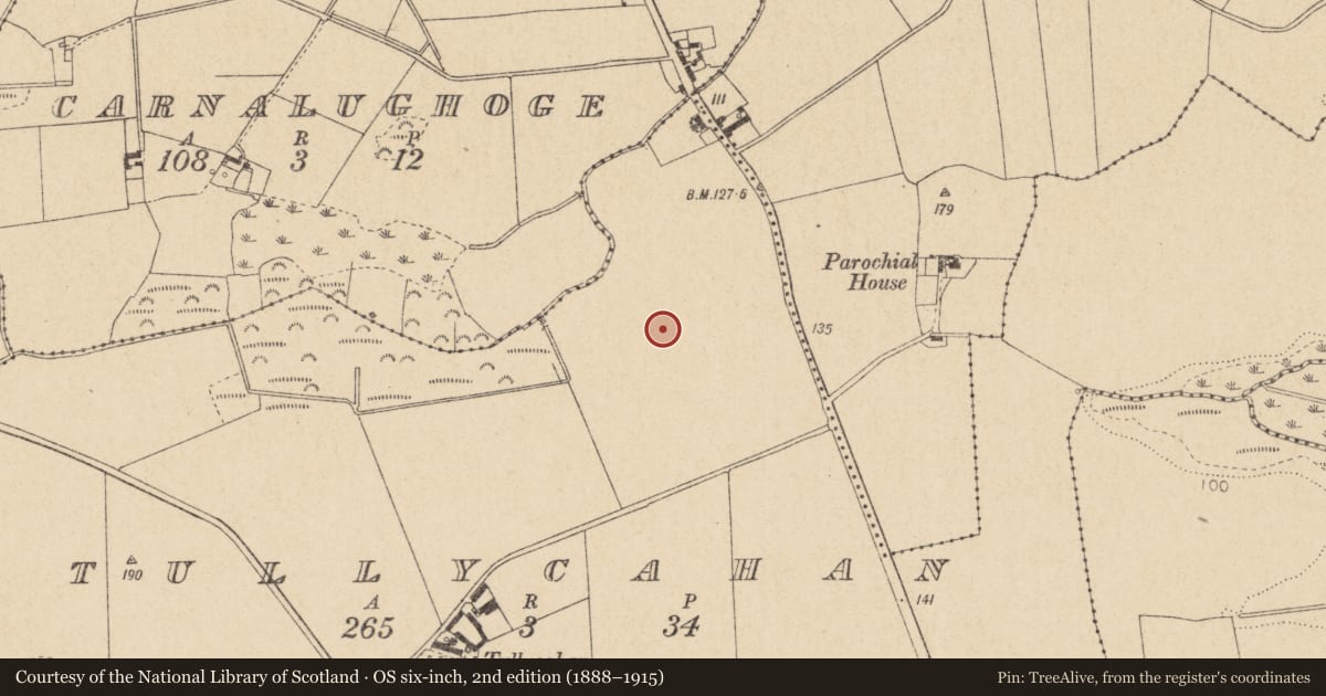 Ordnance Survey six-inch map, 2nd edition (1888–1915) covering the location of Enclosure, Tullycahan, County Louth, with a pin at the register's coordinates