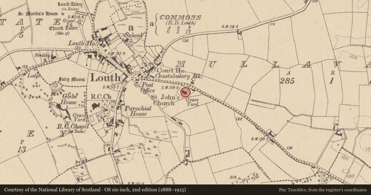 Ordnance Survey six-inch map, 2nd edition (1888–1915) covering the location of Church, Richard Taaffe'S Holding, County Louth, with a pin at the register's coordinates