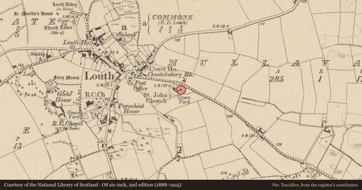 Ordnance Survey six-inch map, 2nd edition (1888–1915) covering the location of Graveyard, Richard Taaffe'S Holding, County Louth, with a pin at the register's coordinates