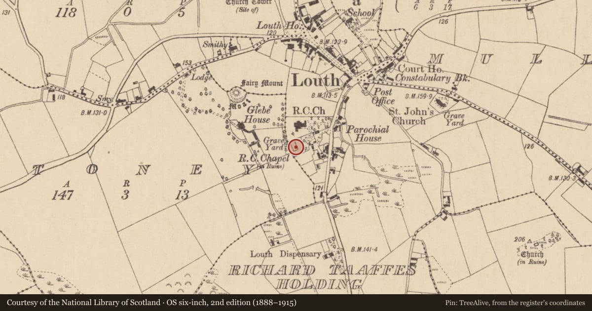 Ordnance Survey six-inch map, 2nd edition (1888–1915) covering the location of Church, Richard Taaffe'S Holding, County Louth, with a pin at the register's coordinates