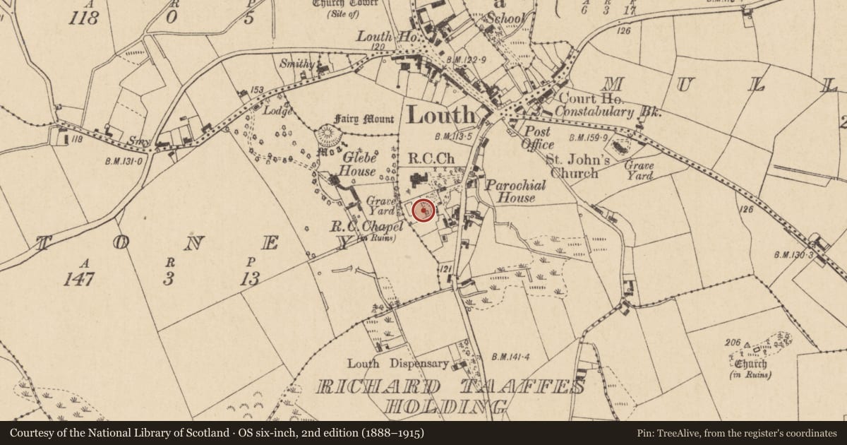 Ordnance Survey six-inch map, 2nd edition (1888–1915) covering the location of Graveyard, Richard Taaffe'S Holding, County Louth, with a pin at the register's coordinates