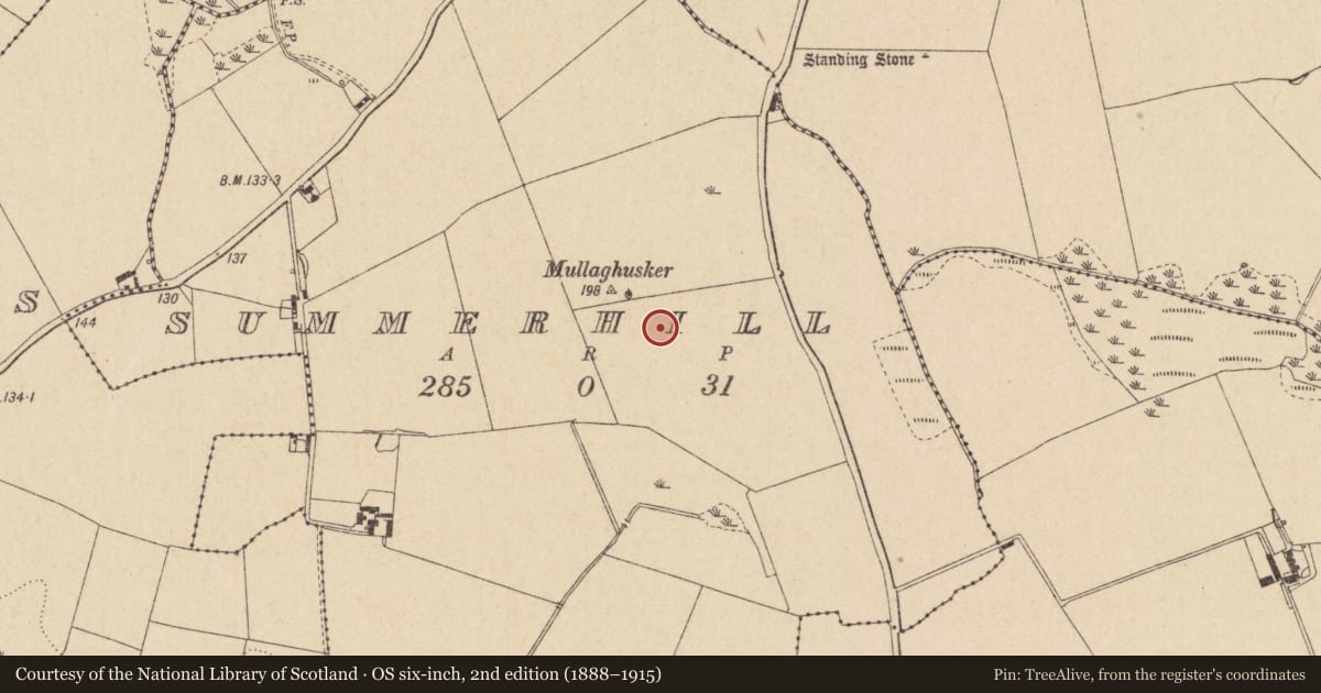 Ordnance Survey six-inch map, 2nd edition (1888–1915) covering the location of Ring-ditch, Summerhill, County Louth, with a pin at the register's coordinates