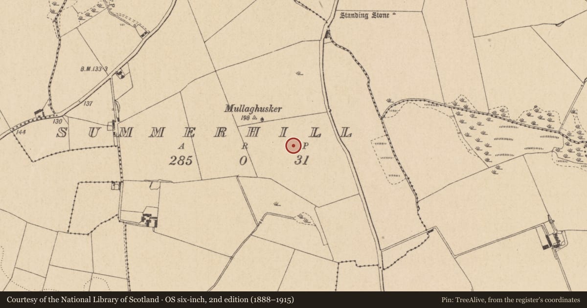 Ordnance Survey six-inch map, 2nd edition (1888–1915) covering the location of Cairn - unclassified, Summerhill, County Louth, with a pin at the register's coordinates