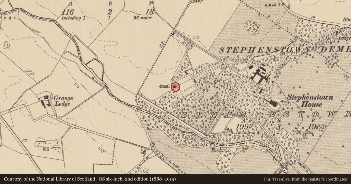 Ordnance Survey six-inch map, 2nd edition (1888–1915) covering the location of Castle - tower house, Stephenstown, County Louth, with a pin at the register's coordinates