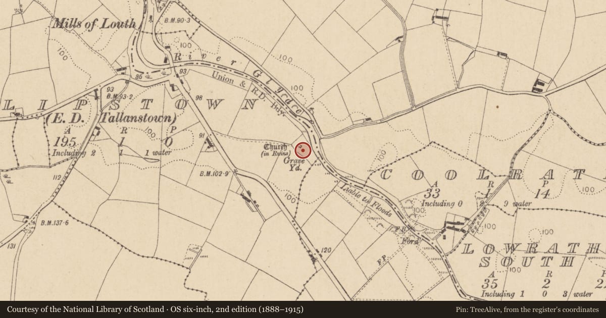 Ordnance Survey six-inch map, 2nd edition (1888–1915) covering the location of Graveyard, Philipstown (Ardee By., Philipstown Par.), County Louth, with a pin at the register's coordinates